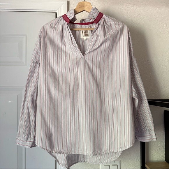 A Shirt Thing Tops - A SHIRT THING grey striped cotton popover ruffle collar shirt blouse top